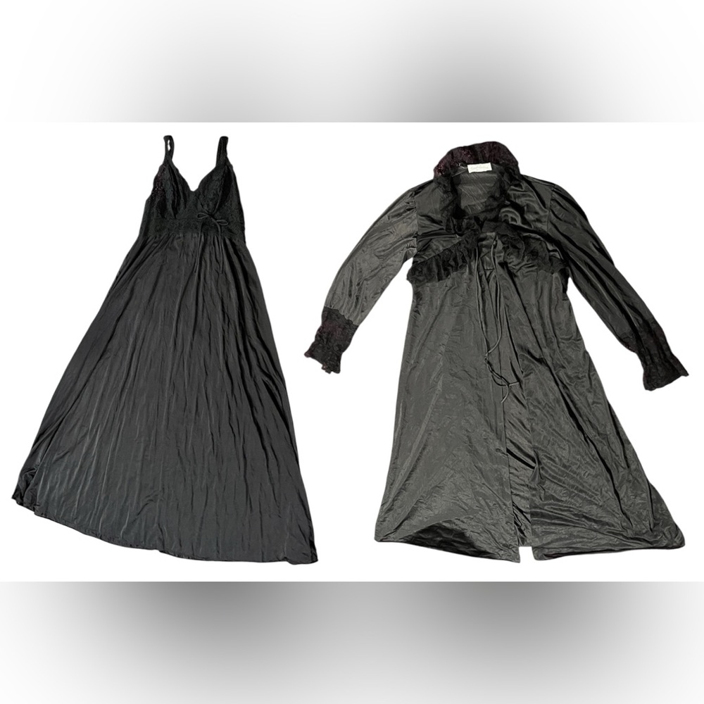 Vintage Ralph Montenero Blanche Black Elegant Lace Nylon Slip Dress & Robe Set